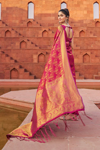 Pink Exquisite Litchi Silk Banarasi Saree with Zari Woven Design ClothsVilla