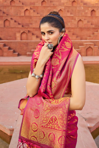 Pink Exquisite Litchi Silk Banarasi Saree with Zari Woven Design ClothsVilla