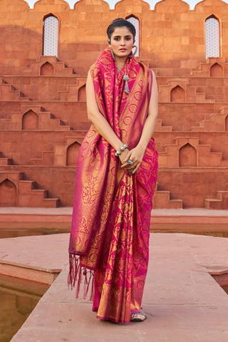 Pink Exquisite Litchi Silk Banarasi Saree with Zari Woven Design ClothsVilla