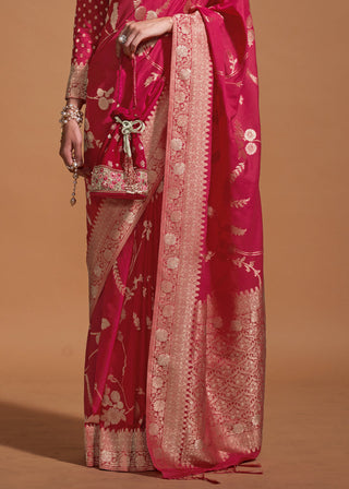 Pink Fairytale Banarasi Georgette Silk Saree with Brocade Blouse – Summer Glam Edition ClothsVilla