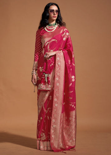 Pink Fairytale Banarasi Georgette Silk Saree with Brocade Blouse – Summer Glam Edition ClothsVilla