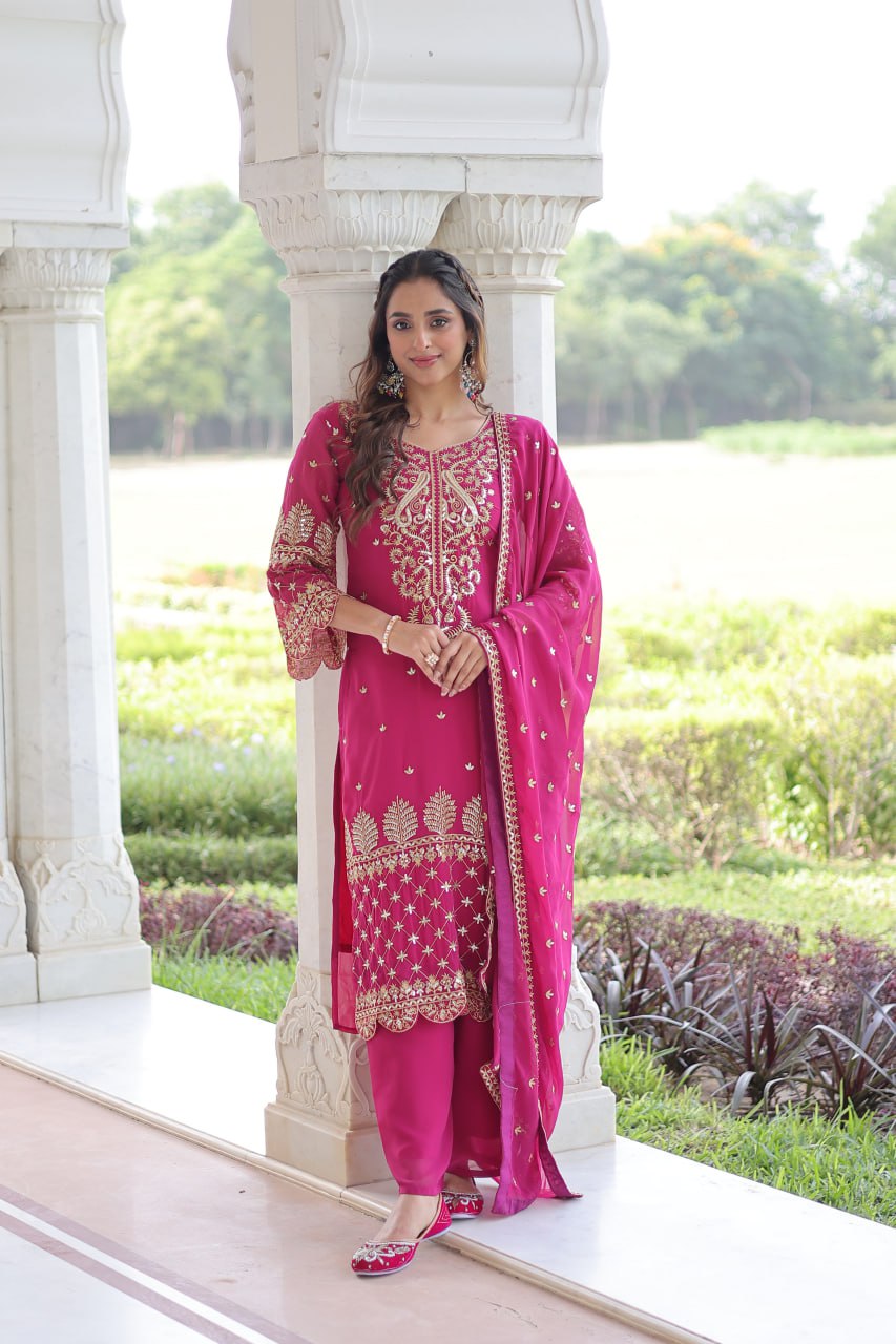 Pink Faux Blooming Embroidered Kurti Pant Set ClothsVilla