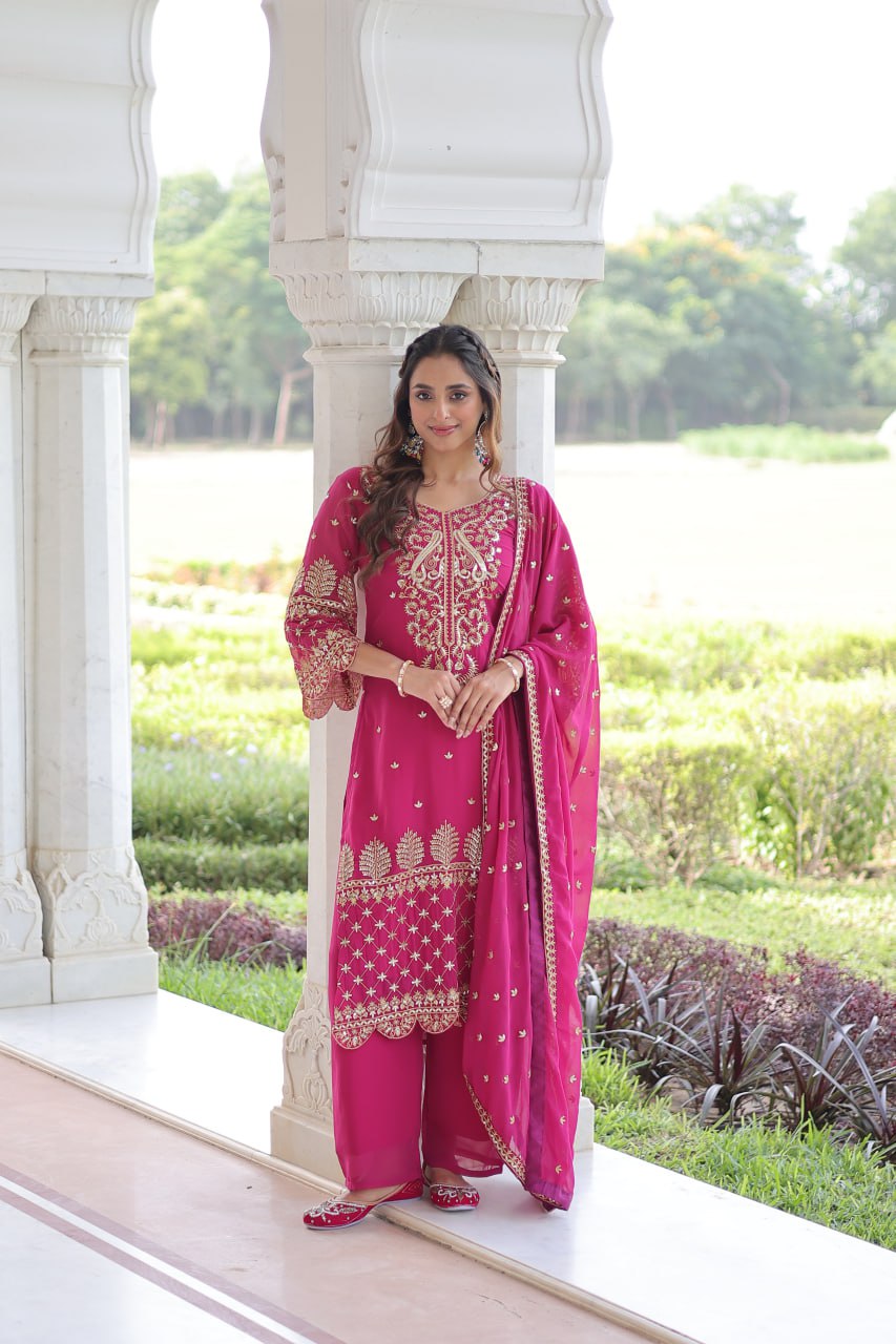 Pink Faux Blooming Embroidered Kurti Pant Set ClothsVilla