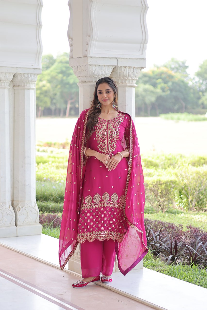 Pink Faux Blooming Embroidered Kurti Pant Set ClothsVilla