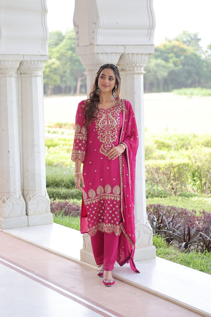 Pink Faux Blooming Embroidered Kurti Pant Set ClothsVilla