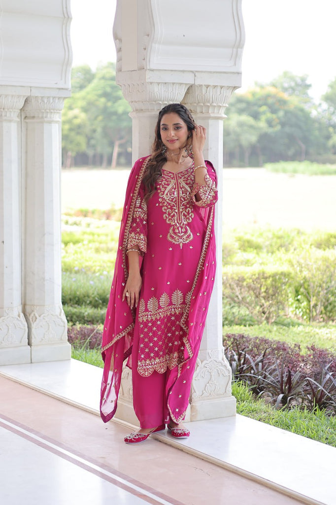 Pink Faux Blooming Embroidered Kurti Pant Set ClothsVilla