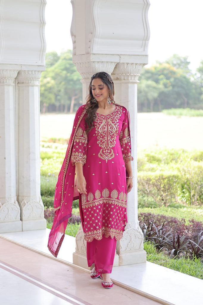 Pink Faux Blooming Embroidered Kurti Pant Set ClothsVilla