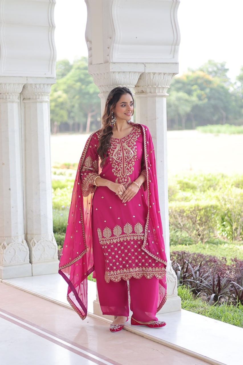 Pink Faux Blooming Embroidered Kurti Pant Set ClothsVilla