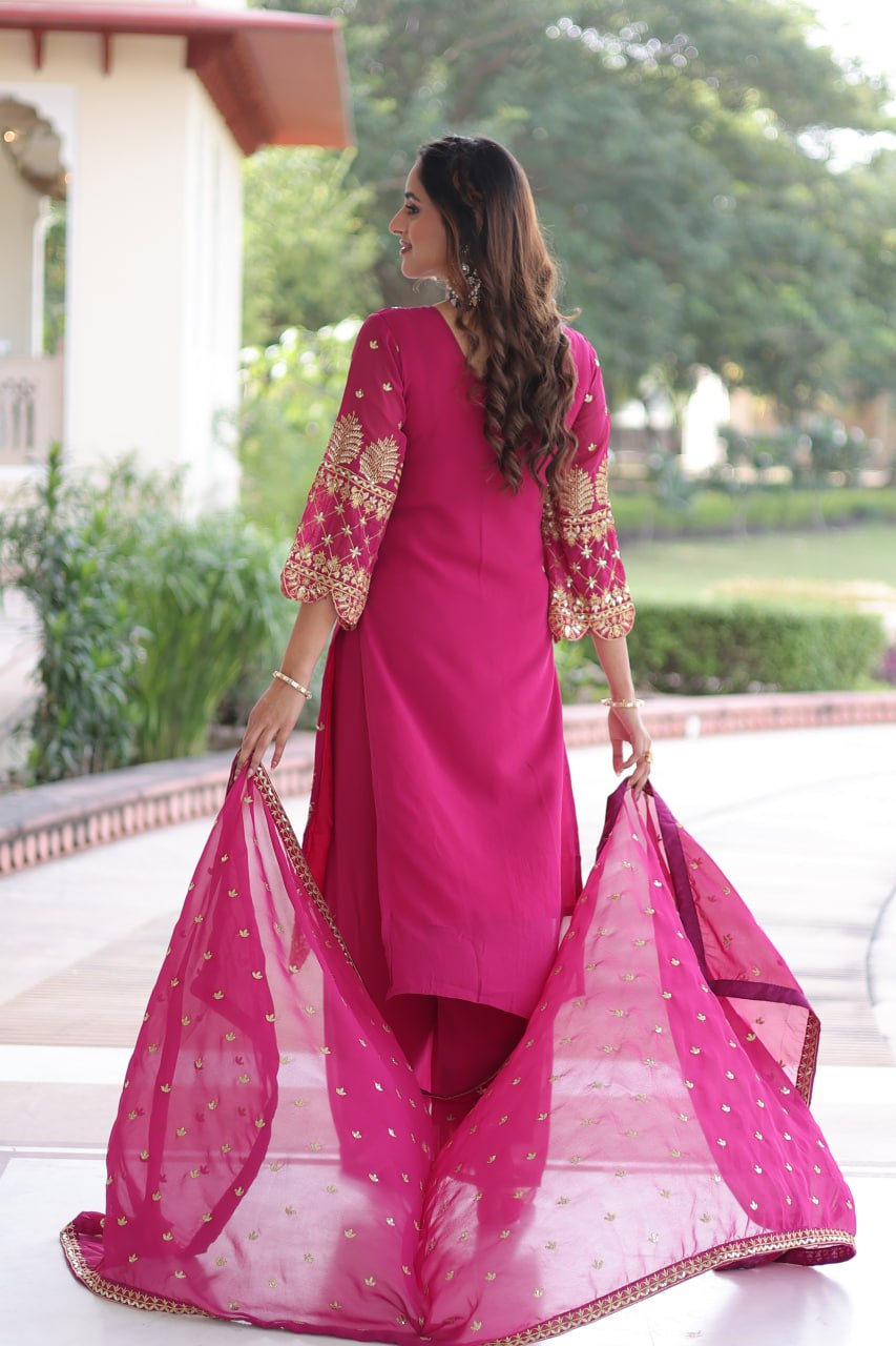 Pink Faux Blooming Embroidered Kurti Pant Set ClothsVilla