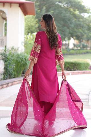 Pink Faux Blooming Embroidered Kurti Pant Set ClothsVilla
