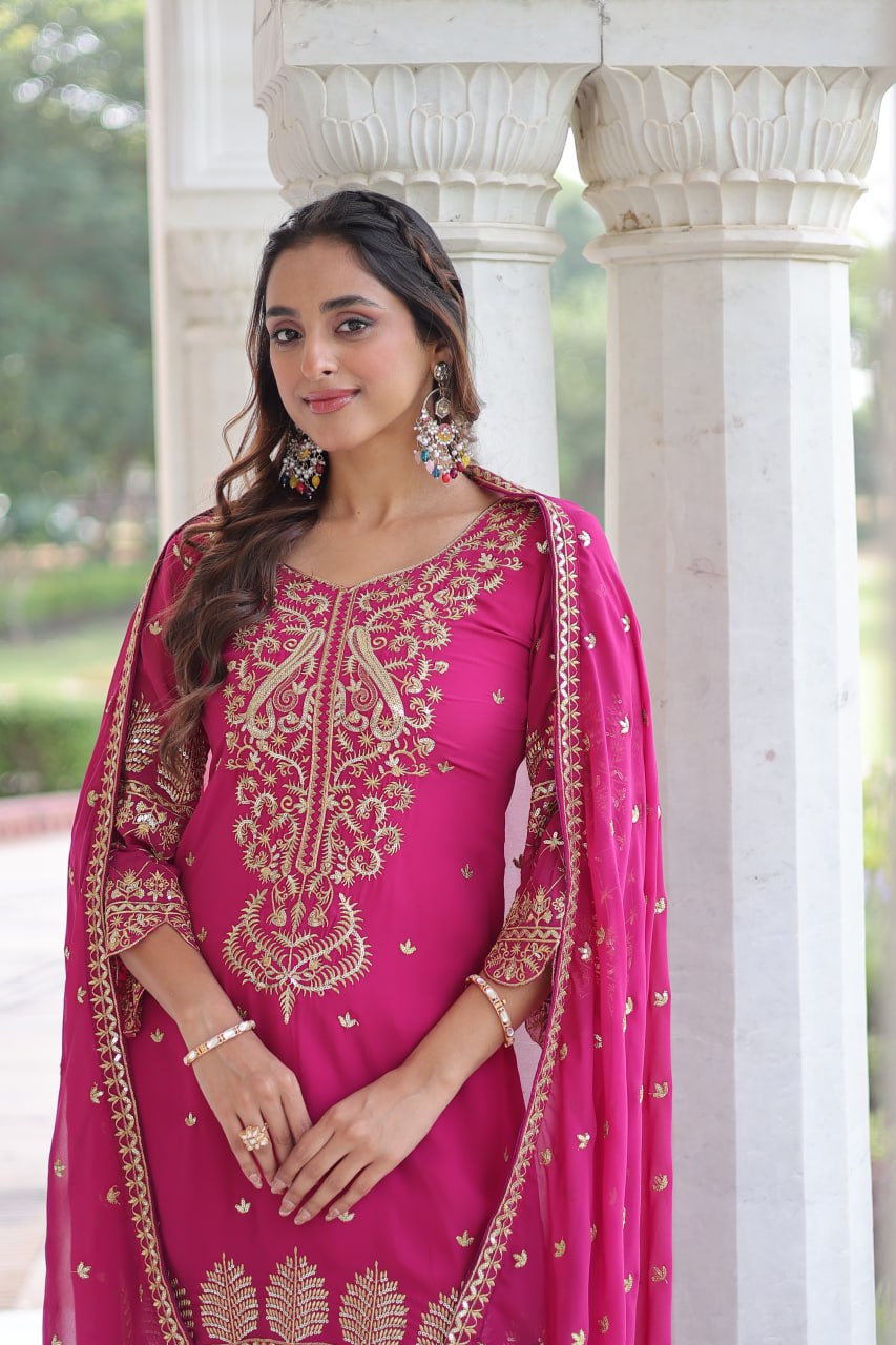 Pink Faux Blooming Embroidered Kurti Pant Set ClothsVilla