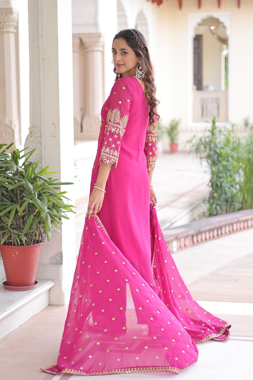 Pink Faux Blooming Embroidered Kurti Pant Set ClothsVilla