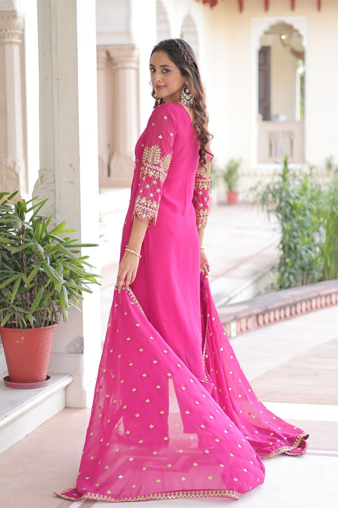 Pink Faux Blooming Embroidered Kurti Pant Set ClothsVilla