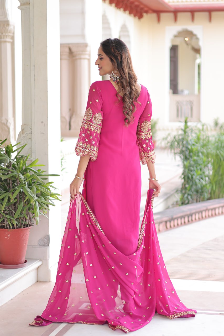 Pink Faux Blooming Embroidered Kurti Pant Set ClothsVilla