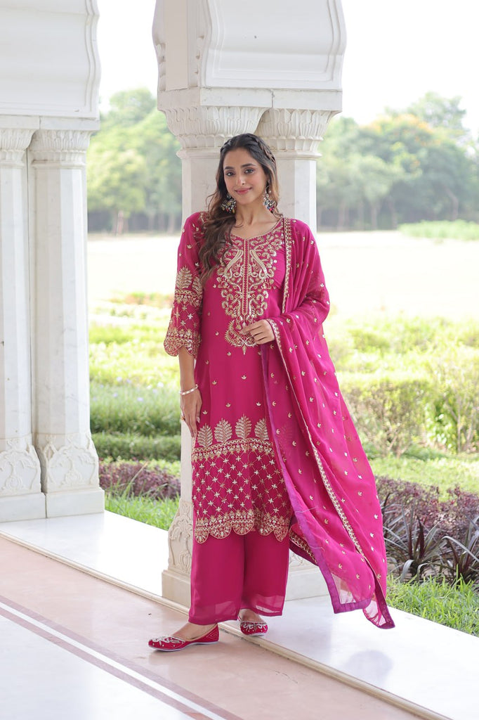 Pink Faux Blooming Embroidered Kurti Pant Set ClothsVilla