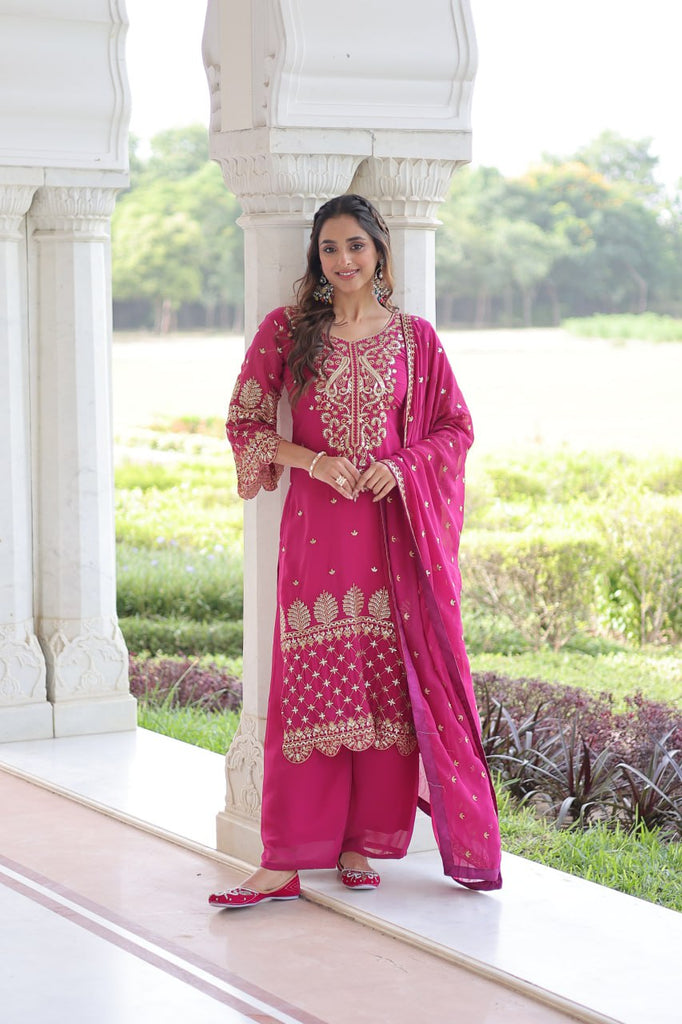 Pink Faux Blooming Embroidered Kurti Pant Set ClothsVilla