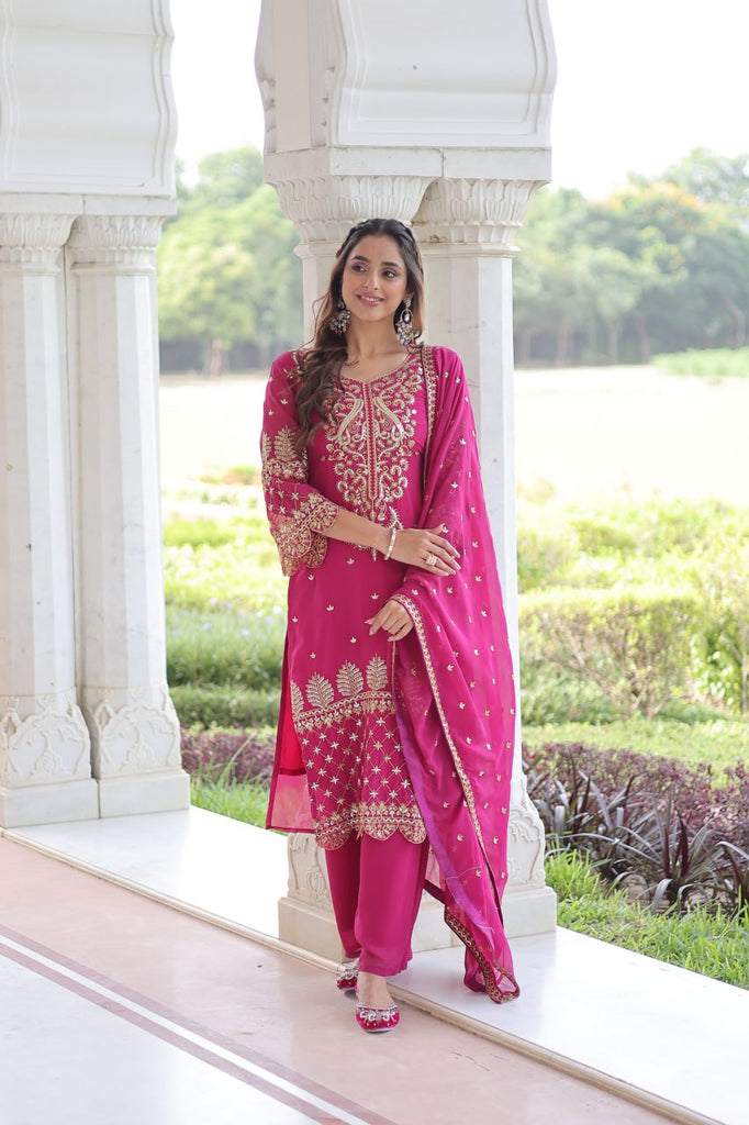 Pink Faux Blooming Embroidered Kurti Pant Set ClothsVilla