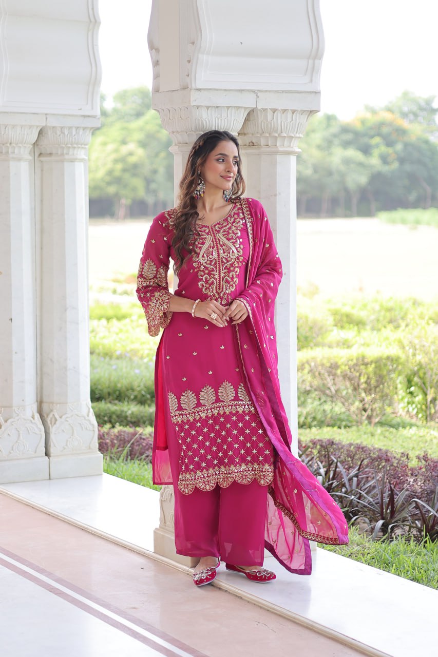 Pink Faux Blooming Embroidered Kurti Pant Set ClothsVilla