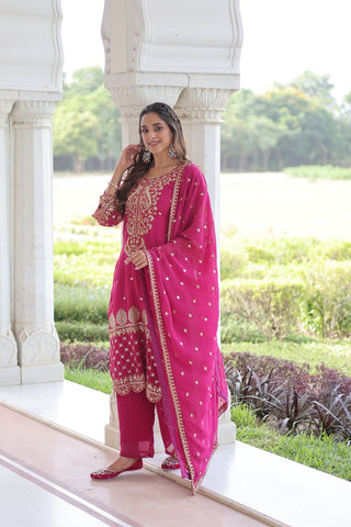 Pink Faux Blooming Embroidered Kurti Pant Set ClothsVilla