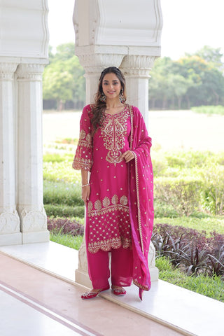 Pink Faux Blooming Embroidered Kurti Pant Set ClothsVilla