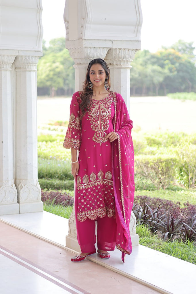 Pink Faux Blooming Embroidered Kurti Pant Set ClothsVilla