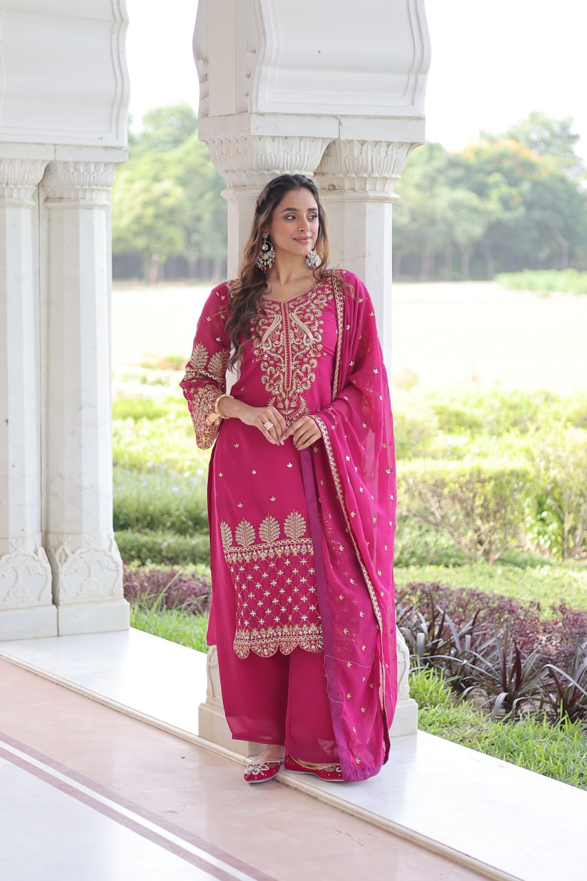 Pink Faux Blooming Embroidered Kurti Pant Set ClothsVilla