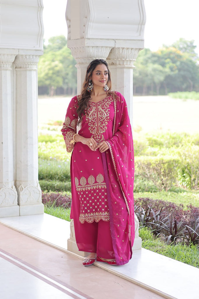 Pink Faux Blooming Embroidered Kurti Pant Set ClothsVilla