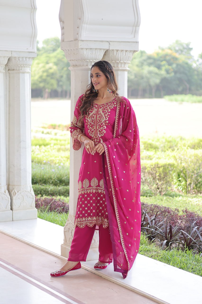 Pink Faux Blooming Embroidered Kurti Pant Set ClothsVilla