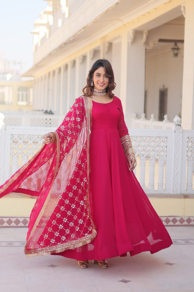 Pink Faux Blooming Gown with Dupatta Featuring Attractive Embroidered Sequins Work and Lace Border ClothsVilla