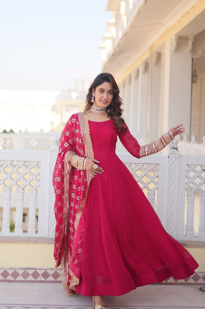 Pink Faux Blooming Gown with Dupatta Featuring Attractive Embroidered Sequins Work and Lace Border ClothsVilla