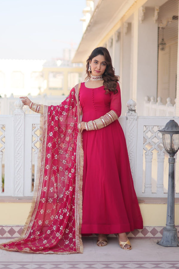 Pink Faux Blooming Gown with Dupatta Featuring Attractive Embroidered Sequins Work and Lace Border ClothsVilla