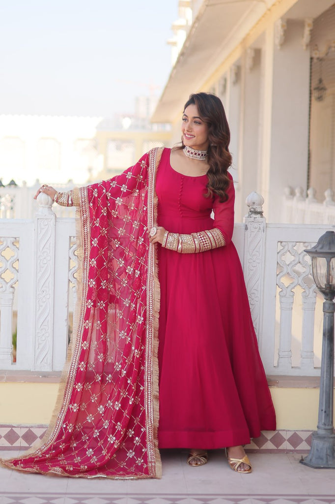 Pink Faux Blooming Gown with Dupatta Featuring Attractive Embroidered Sequins Work and Lace Border ClothsVilla