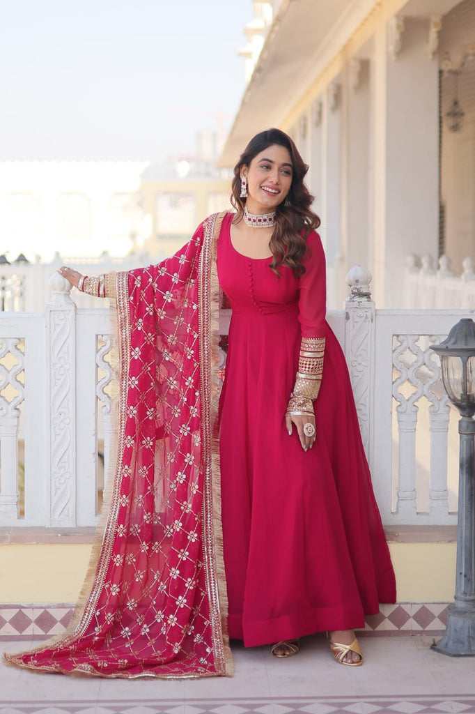 Pink Faux Blooming Gown with Dupatta Featuring Attractive Embroidered Sequins Work and Lace Border ClothsVilla