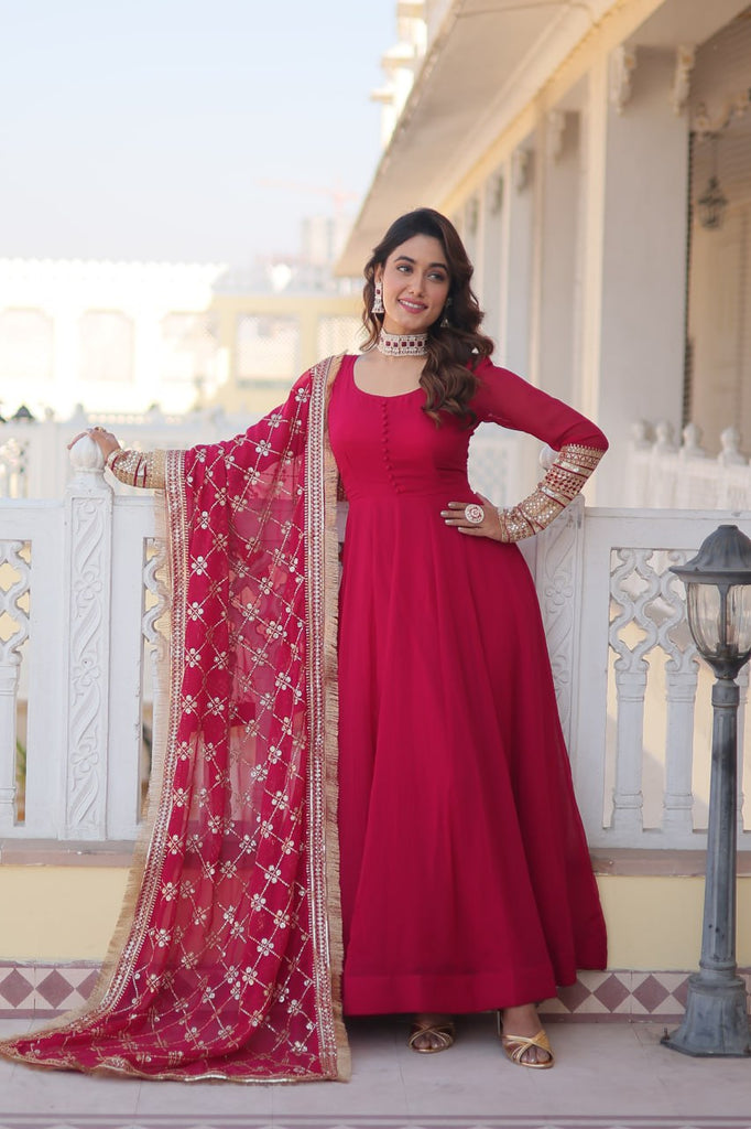 Pink Faux Blooming Gown with Dupatta Featuring Attractive Embroidered Sequins Work and Lace Border ClothsVilla
