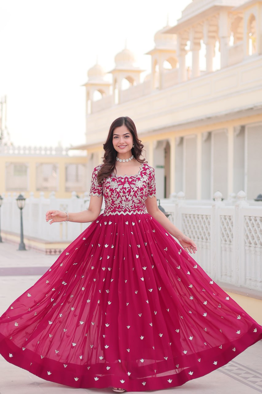 Pink Faux Blooming Sequin Ready to Wear Embroidered Gown ClothsVilla