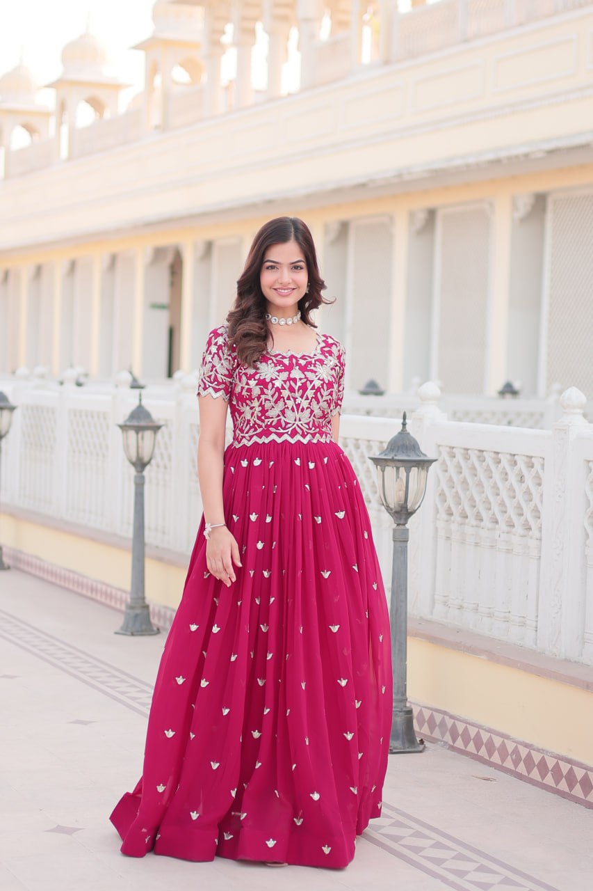 Pink Faux Blooming Sequin Ready to Wear Embroidered Gown ClothsVilla