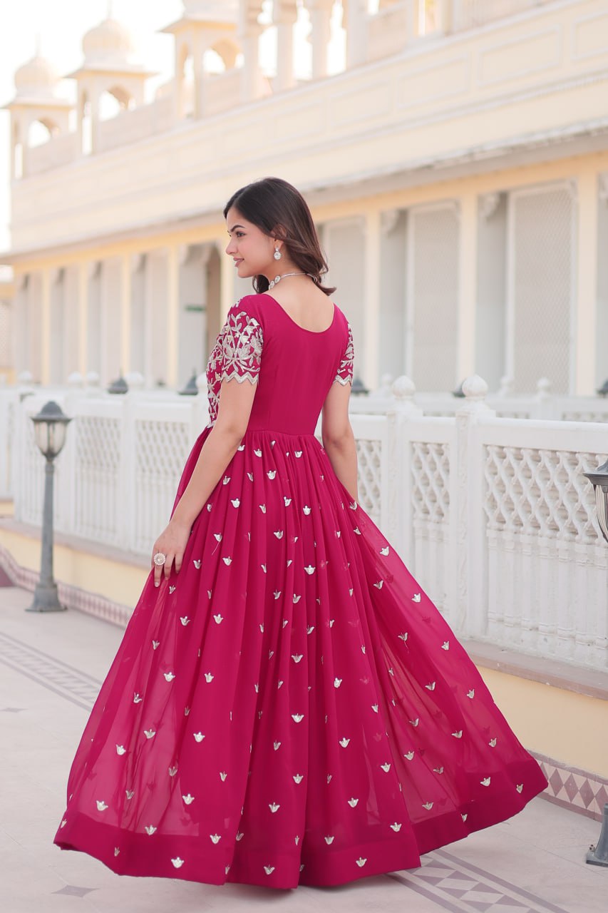 Pink Faux Blooming Sequin Ready to Wear Embroidered Gown ClothsVilla