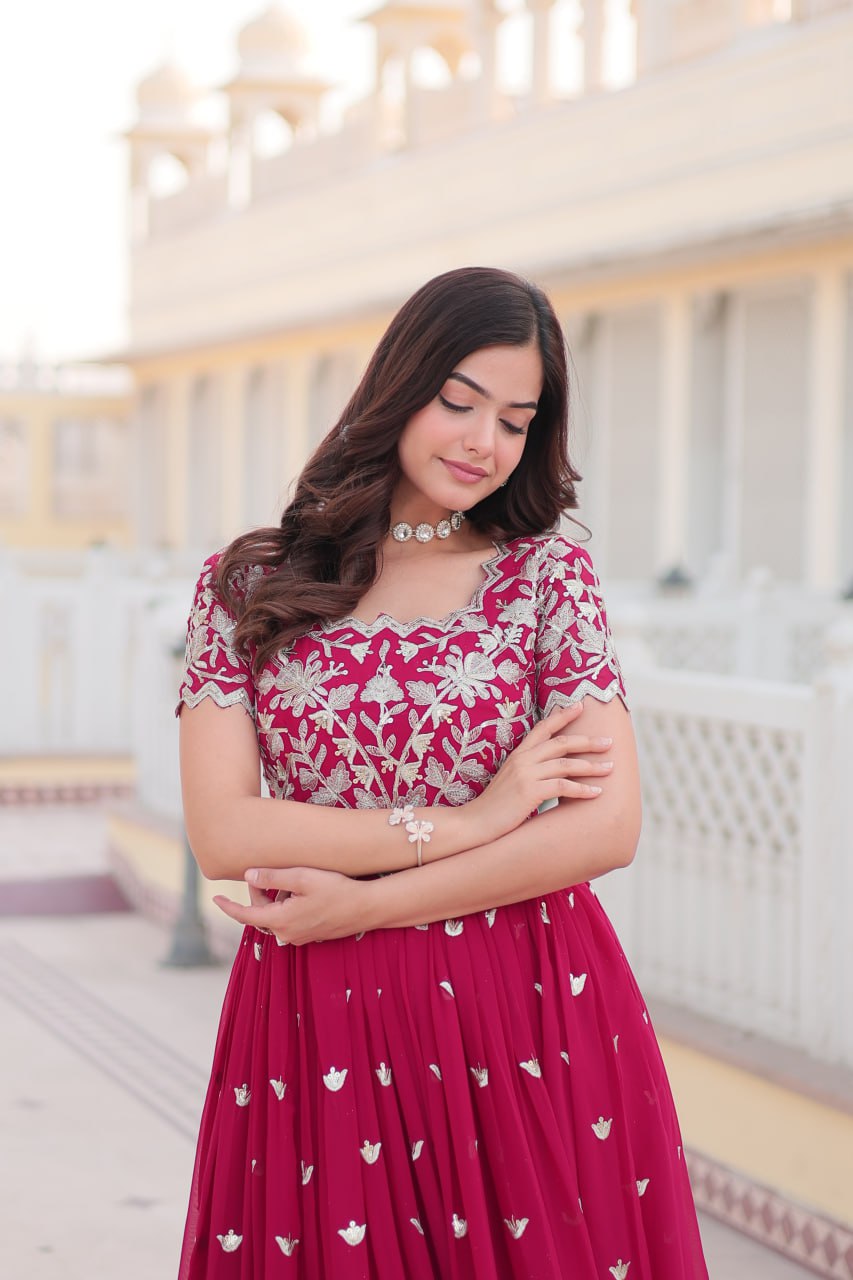 Pink Faux Blooming Sequin Ready to Wear Embroidered Gown ClothsVilla