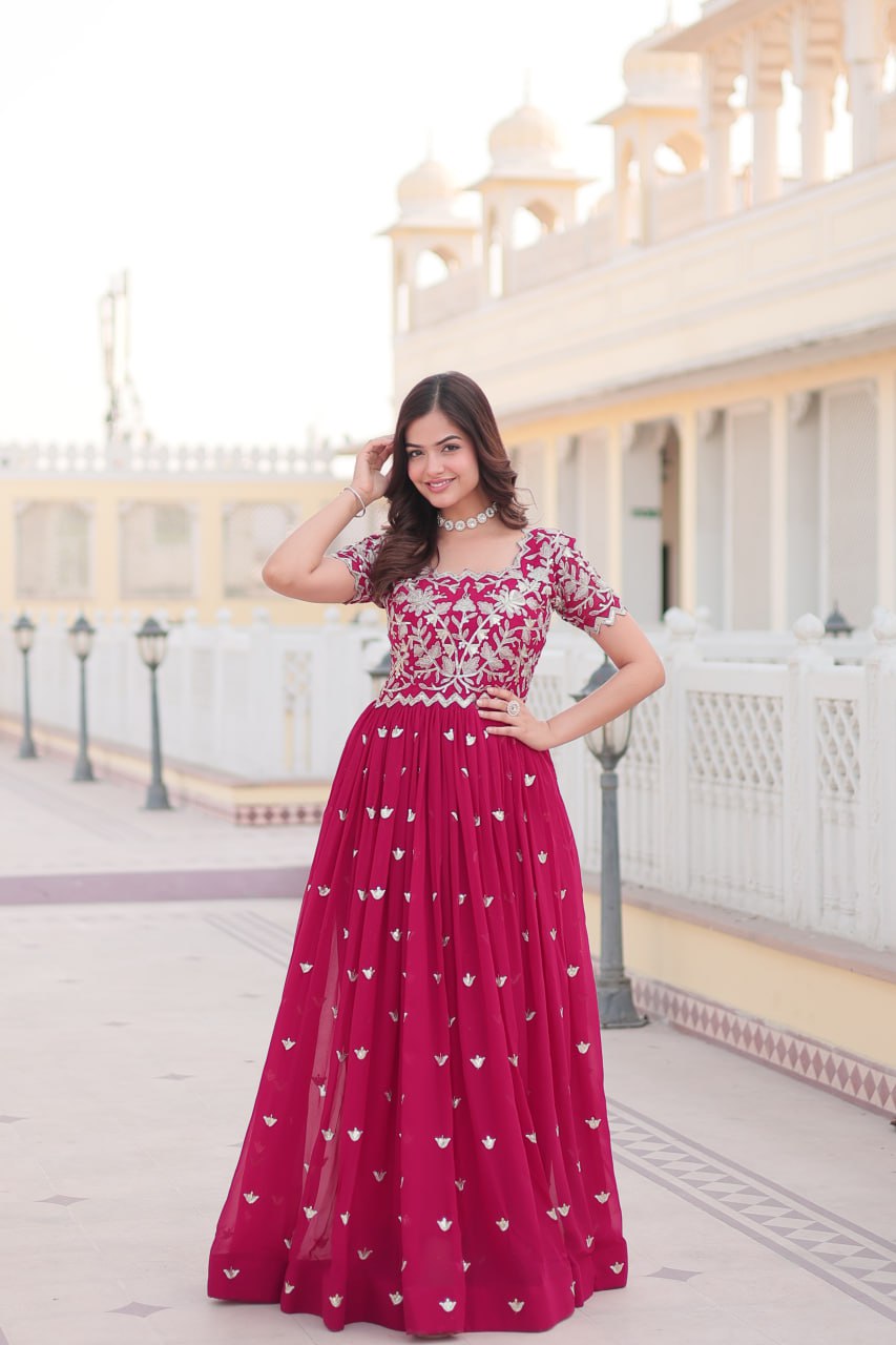 Pink Faux Blooming Sequin Ready to Wear Embroidered Gown ClothsVilla