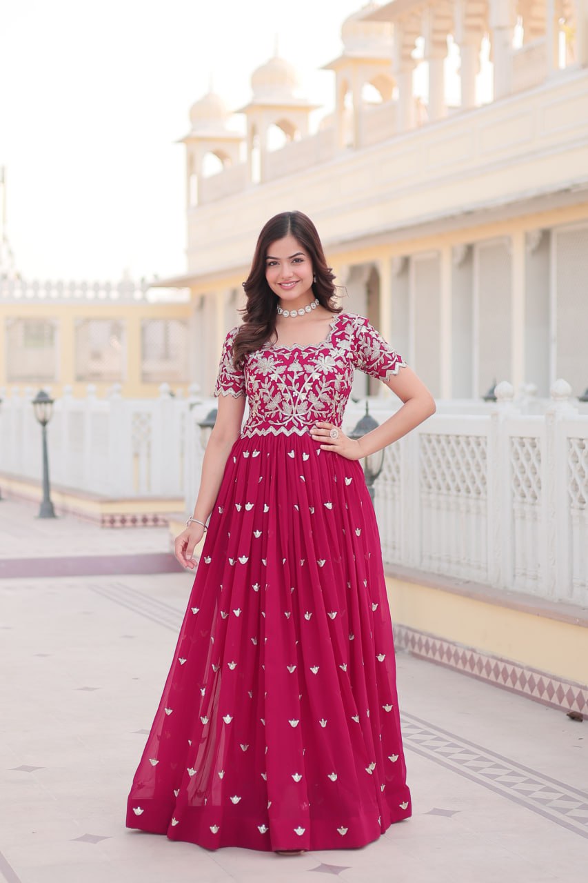 Pink Faux Blooming Sequin Ready to Wear Embroidered Gown ClothsVilla