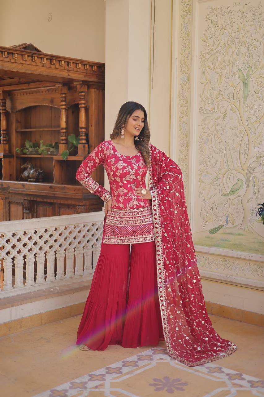 Pink Faux Blooming Sequins & Zari Embroidered Readymade Gharara Suit Set ClothsVilla