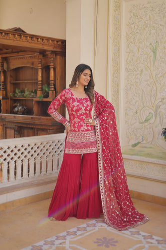 Pink Faux Blooming Sequins & Zari Embroidered Readymade Gharara Suit Set ClothsVilla
