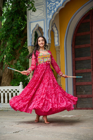 Pink Faux Georgette Bandhani Print Gown with Kutchi Patchwork – Full Sleeves, 12 Meter Flair, Cotton Lining ClothsVilla