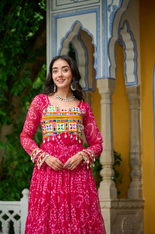 Pink Faux Georgette Bandhani Print Gown with Kutchi Patchwork – Full Sleeves, 12 Meter Flair, Cotton Lining ClothsVilla