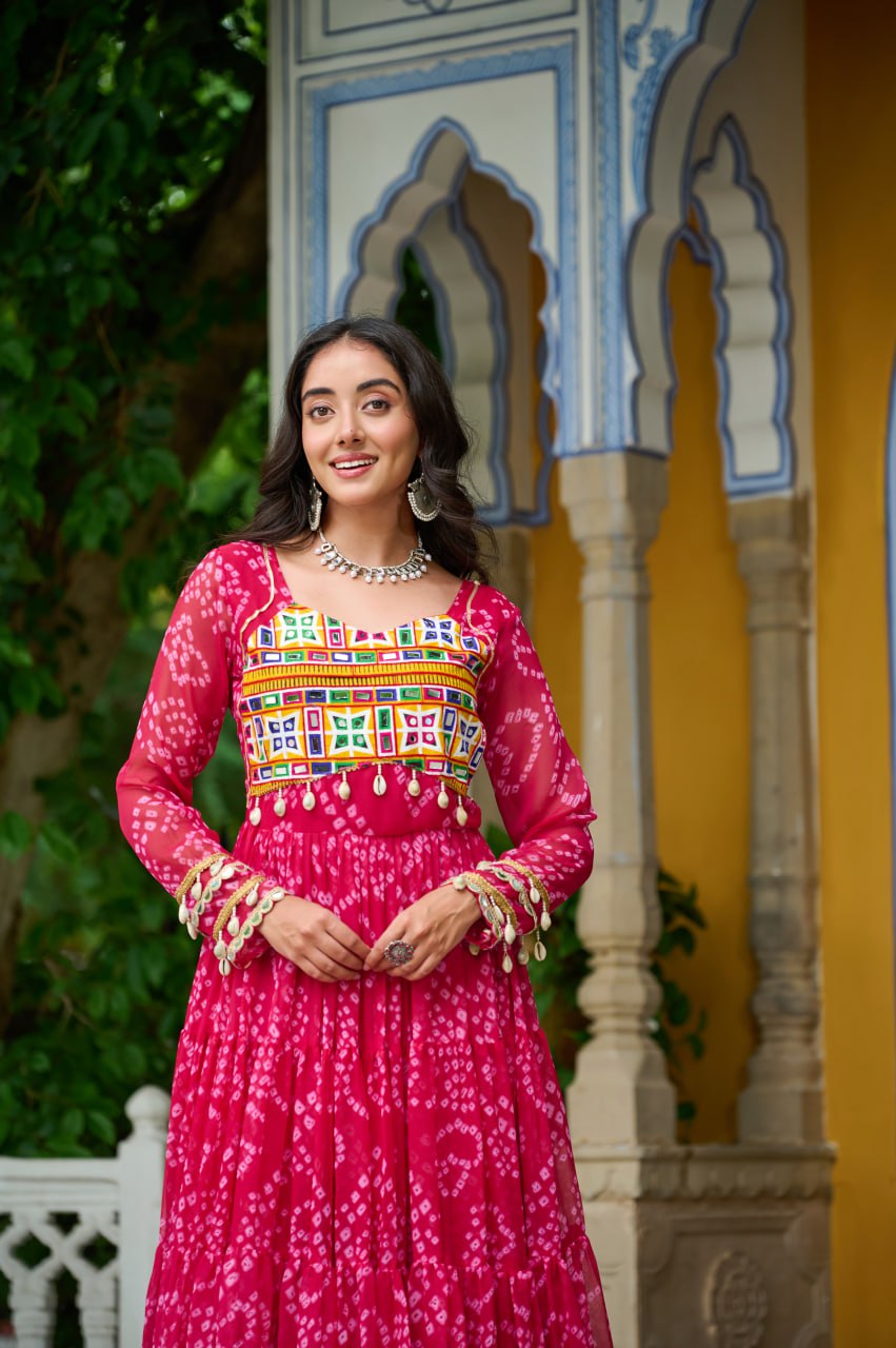 Pink Faux Georgette Bandhani Print Gown with Kutchi Patchwork – Full Sleeves, 12 Meter Flair, Cotton Lining ClothsVilla