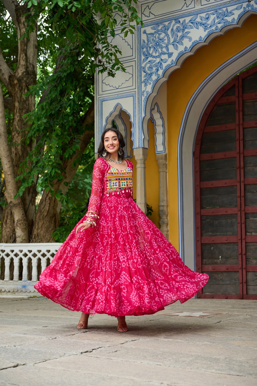 Pink Faux Georgette Bandhani Print Gown with Kutchi Patchwork – Full Sleeves, 12 Meter Flair, Cotton Lining ClothsVilla