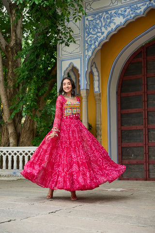 Pink Faux Georgette Bandhani Print Gown with Kutchi Patchwork – Full Sleeves, 12 Meter Flair, Cotton Lining ClothsVilla