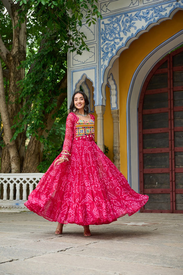 Pink Faux Georgette Bandhani Print Gown with Kutchi Patchwork – Full Sleeves, 12 Meter Flair, Cotton Lining ClothsVilla