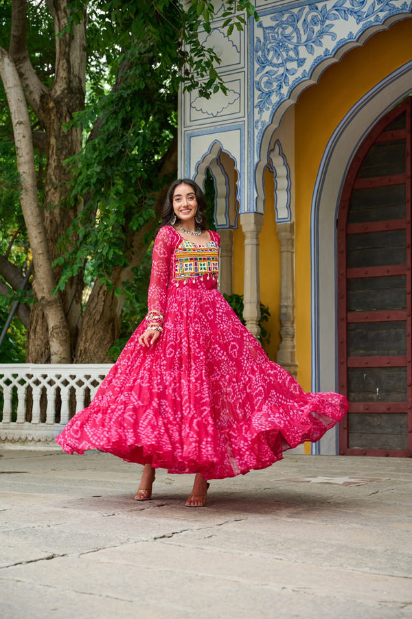 Pink Faux Georgette Bandhani Print Gown with Kutchi Patchwork – Full Sleeves, 12 Meter Flair, Cotton Lining ClothsVilla