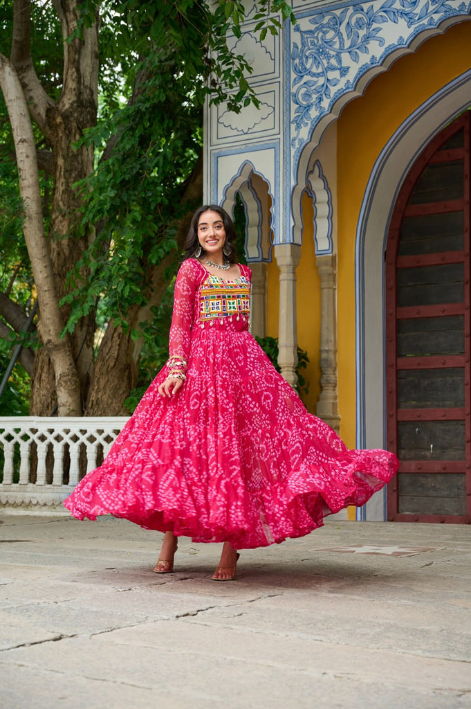 Pink Faux Georgette Bandhani Print Gown with Kutchi Patchwork – Full Sleeves, 12 Meter Flair, Cotton Lining ClothsVilla